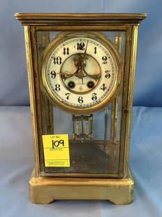 Brass Shelf Clock, Gilbert + Co., pendulum, no key: Brass Shelf Clock, Gilbert + Co., pendulum, no key, brass, beveled glass, 10"Hx6.5"Wx5"D