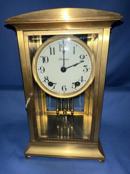 Brass & Glass Shelf Clock, crystal regulator, Anso (1 of 4)
