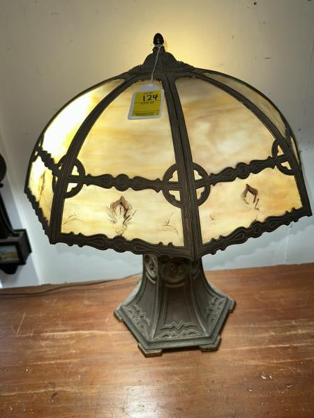 Parlor Lamp, carmel glass, 8 panel: Parlor Lamp, carmel glass, 8 panel