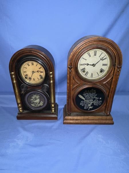 2 Clocks, mantel, figural eight, both have birds t (1 of 5)