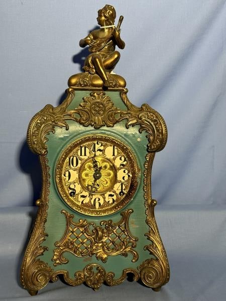 3 clocks. (1) Mantel clock, fancy, blue case, (1 of 20)