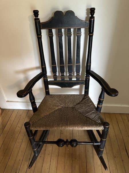 Rocker, banister back, later stenciling, top side: Rocker, banister back, later stenciling, top side posts have been cut, rush seat, bold turning on front wrung. 17" to top of seat, 42.5" to top of crest