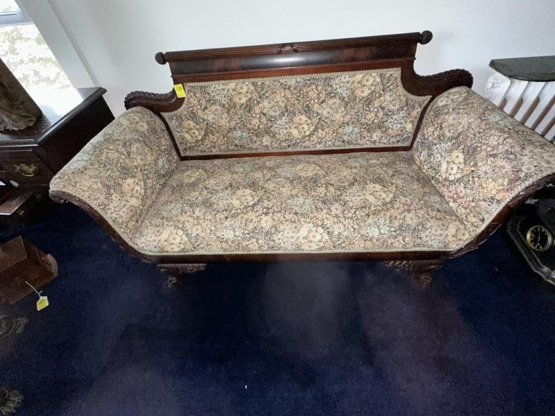Love seat, empire style, claw feet, floral upholst: Love seat, empire style, claw feet, floral upholstery - faded & worn, 4 claw feet, 16" to seat, 60"W x 22"D