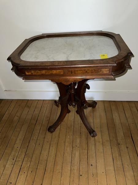 Marble top table - black walnut, recessed top marb (1 of 3)