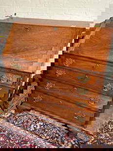 Slant front desk, mahogany, 4 drawer, bracket base: Slant front desk, mahogany, 4 drawer, bracket base walnut, 9 drawer interior, replaced brass pulls, 44"Tx39.5"Wx22"D