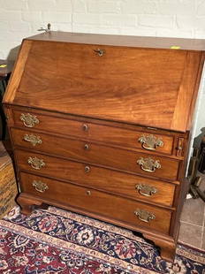 Slant front desk, mahogany, 4 drawer, bracket base: Slant front desk, mahogany, 4 drawer, bracket base walnut, 9 drawer interior, replaced brass pulls, 44"Tx39.5"Wx22"D