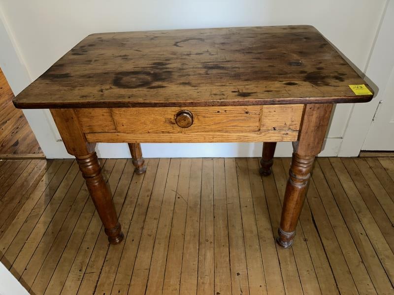 Pine table, one drawer, turned legs, stained top (1 of 5)