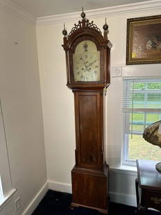 Grandfather Clock, David Williams Newport: Grandfather Clock, David Williams Newport, Mahogany, painted wood dial, brass works, bracket base, brass finials, quarter turned columns in front, line inlay, pendulum, 2 tin can weights, key, painted