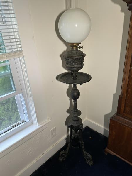 Piano lamp, iron, fancy, claw feet, 60" to top of: Piano lamp, iron, fancy, claw feet, 60" to top of white globe