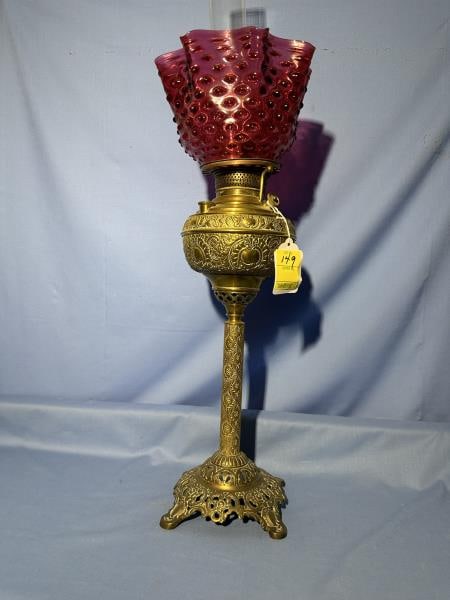 Parlor Lamp, brass, cranberry bulls eye shade (1 of 5)