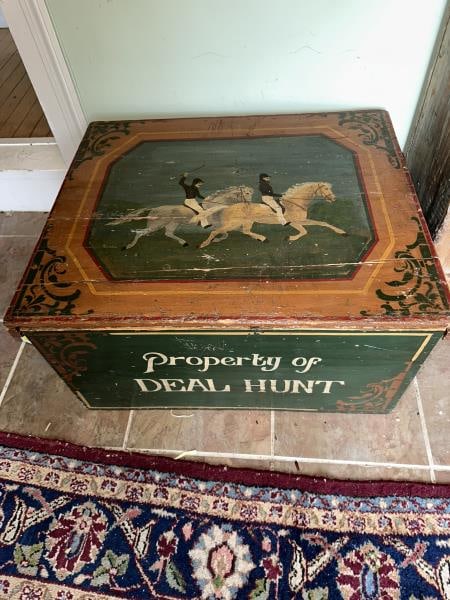 Storage box, Property of Deal Hunt, painted: Storage box, Property of Deal Hunt, painted & decorated, top cracked & back repaired, paint loss, chipping, worn paint & scratches, 15"Tx30"Wx25"D