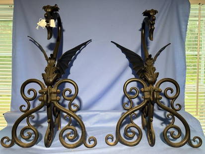 Andirons, iron winged dragons, no marker: Andirons, iron winged dragons, no marker, fireplace dogs with pr - not original, one cutoff, 26"Tx17"W front feet