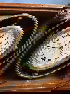 Clock, ships in box, Elgin National Watch Co.,: Clock, ships in box, Elgin National Watch Co., in double case, Mahogany boxes, outer box finish in poor condition, top cracked and missing leather strap, 5"x5"x5" interior box