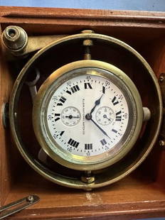 Clock, ships in box, Elgin National Watch Co.,: Clock, ships in box, Elgin National Watch Co., in double case, Mahogany boxes, outer box finish in poor condition, top cracked and missing leather strap, 5"x5"x5" interior box