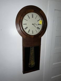 Wall Clock, no maker, walnut, walnut veneer, flora: Wall Clock, no maker, walnut, walnut veneer, floral decorated on door, some veneer damage, has pendulum, 37"Hx18"D