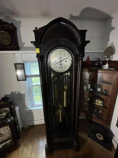 Grandfather Clock, Jacques, Mahogany case, arched: Grandfather Clock, Jacques, Mahogany case, arched top, column front, brass works, 9 tubes, brass pendulum, 2 brass weights, has key, 6'Tx23"Wx15"D