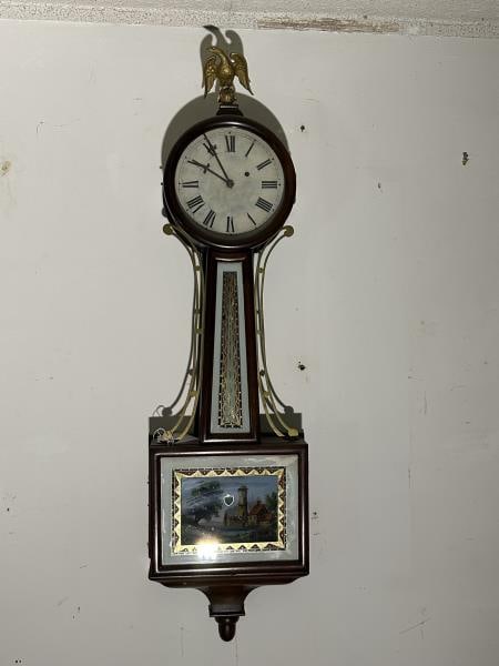 Banjo Clock, Scenic lower door - painted faded: Banjo Clock, Scenic lower door - painted faded with some loss, brass eagle finial, dial - discolored and damaged, 38" tall