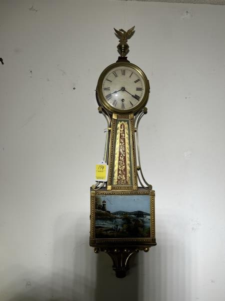 Banjo Clock, Eagle finial, scenic lower door: Banjo Clock, Eagle finial, scenic lower door - some paint loss, gold paint flaking on case, 36" tall