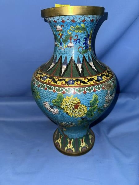 Cloisonne Vase, damage to several spots, 14" tall: Cloisonne Vase, damage to several spots, 14" tall, 5" top diameter
