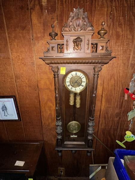 Wall Clock, black walnut, has weight, pendulum and (1 of 4)
