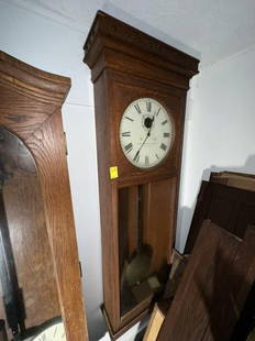 Wall Clock, Self Winding Clock Co. New York, oak c: Wall Clock, Self Winding Clock Co. New York, oak case, line carving, pendulum, no key, some damage to case, 67"Tx22"Wx7"D