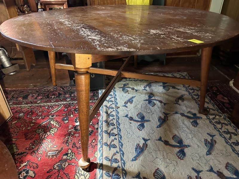 Table, round, pine, Queen Ann foot, stretcher base: Table, round, pine, Queen Ann foot, stretcher base, top surface in poor condition - stained, worn, water ring, 60"Dx29"T