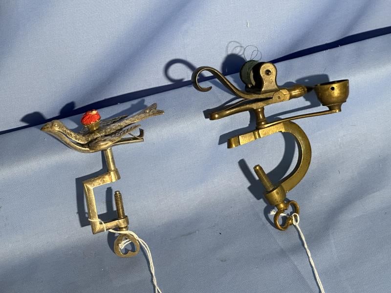 2 Sewing Birds, one brass, one plated sliver, 5" t (1 of 3)