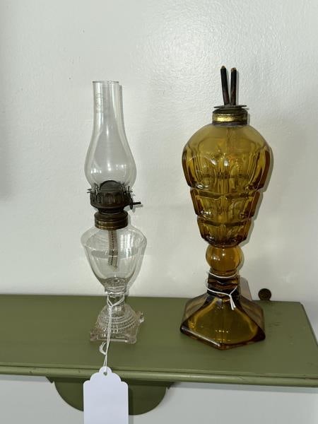 2 Whale Oil Lamps, Amber - 9" tall to top: 2 Whale Oil Lamps, Amber - 9" tall to top of burner, Miniature Clear Glass - 5.5" tall