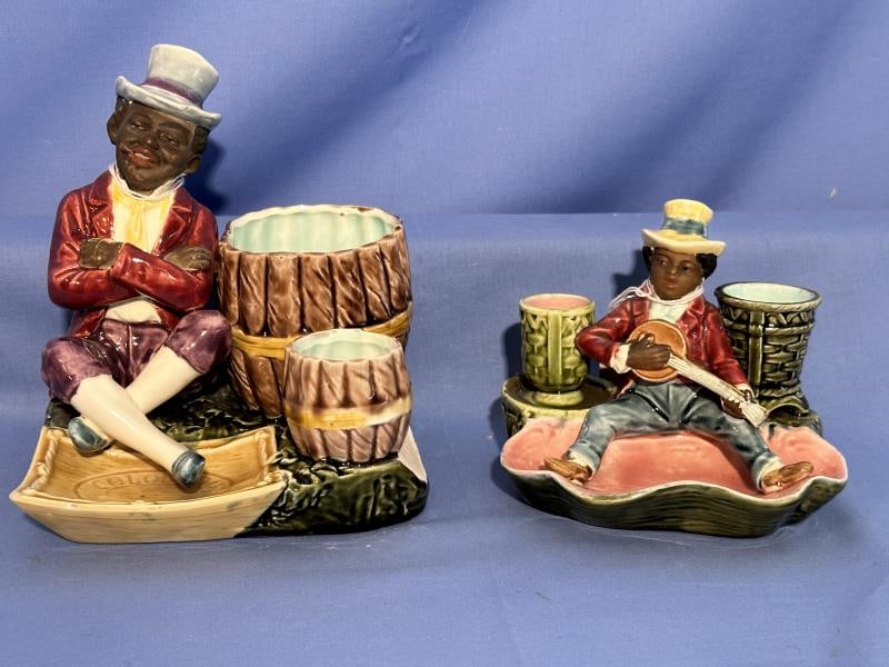 2 Majolica Ceramic Matchstick/Toothpick Holders: 2 Majolica Ceramic Matchstick/Toothpick Holders, minor chips and craquelure, 4.5" and 6.5" tall