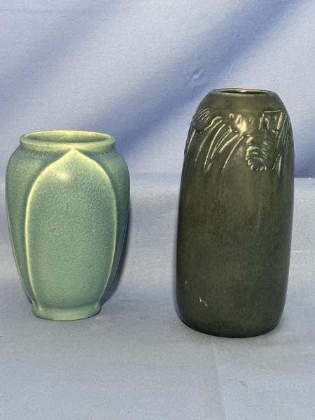 Rookwood Pottery Vases. (1) Petal - 5.5" tall, 191: Rookwood Pottery Vases. (1) Petal - 5.5" tall, 1918, stamped 2282. (2) Pine Cone - 6.75" tall, 1922, stamped 1889