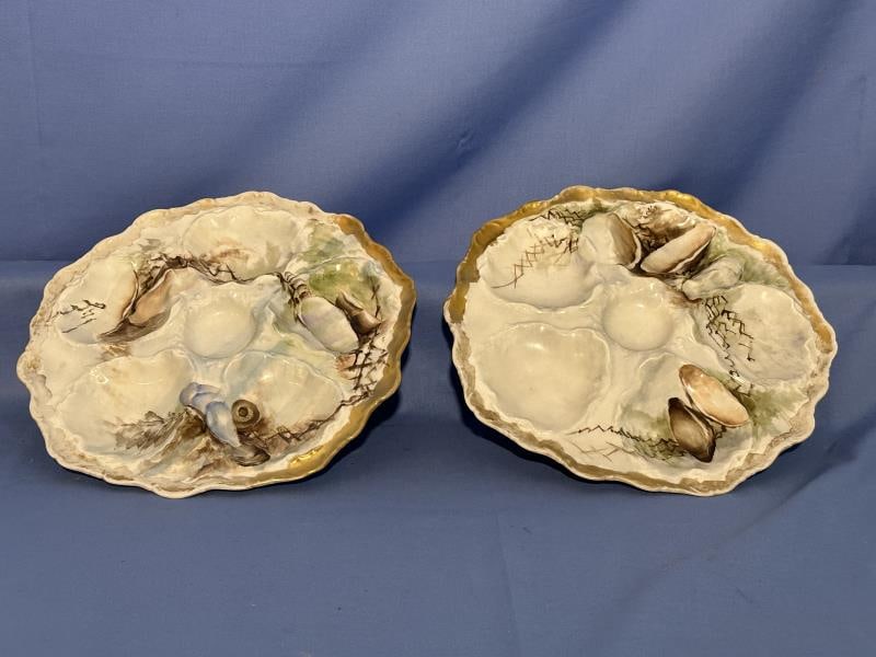 2 Limoges, oyster plates, 9.5"D: 2 Limoges, oyster plates, 9.5"D