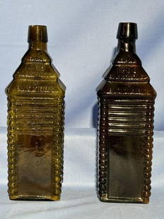 2 1860 Plantation Bitters Bottles, amber, chips on: 2 1860 Plantation Bitters Bottles, amber, chips on rim, 1 bottle with crack on spout, patented 1862, 9.5" tall