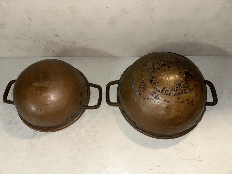 2 Copper Candy Kettles - Iron handles, dents (1 of 4)