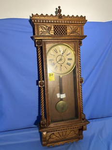 Oak Wall Clock, pendulum, no key, 38"x14": Oak Wall Clock, pendulum, no key, 38"x14"