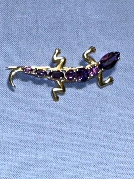 14k Lizard Pin with Purple amethyst, 1.75" long: 14k Lizard Pin with Purple amethyst, 1.75" longUnless You Are A Liveauctioneers Premium Bidder This Lot Must Be Paid For By Cash, Bank Check or Wire Transfer.