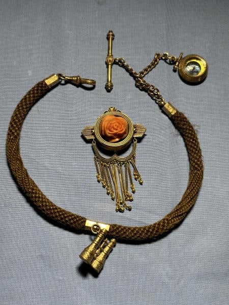 Victorian Hair Necklace with charms and Victorian: Victorian Hair Necklace with charms and Victorian Rose pinUnless You Are A Liveauctioneers Premium Bidder This Lot Must Be Paid For By Cash, Bank Check or Wire Transfer.