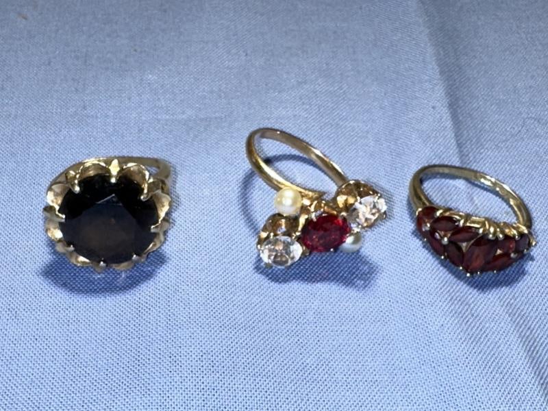 3- 14K Gold Rings, red stones and glass stones (1 of 2)