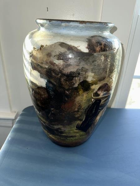 Vase w/ painted Scene Of Children hairline Cracks, Old Repair, 15"t x 10" " dia: Vase w/ painted Scene Of Children hairline Cracks, Old Repair, 15" t x 10" " dia