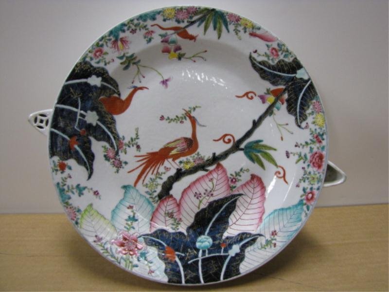 Chinese Export Porcelain Warming Dish, Birds & Lea: Chinese Export Porcelain Warming Dish, Birds & Leaf, 13" x 2 /12"