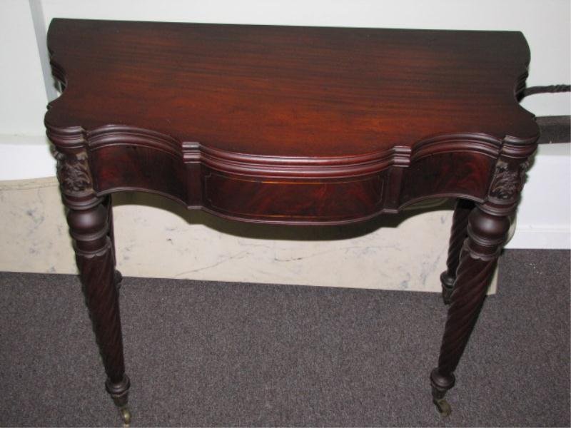 American Sheraton Salem Serpentine Card Table, Mah: American Sheraton Salem Serpentine Card Table, Mahogany w/ Carved acanthus Leaf & Snow Flake Decoration, Rope Turned Legs & Original Lacanthus Casters, 30"High x 36" Wide x 17 1/2" Deep