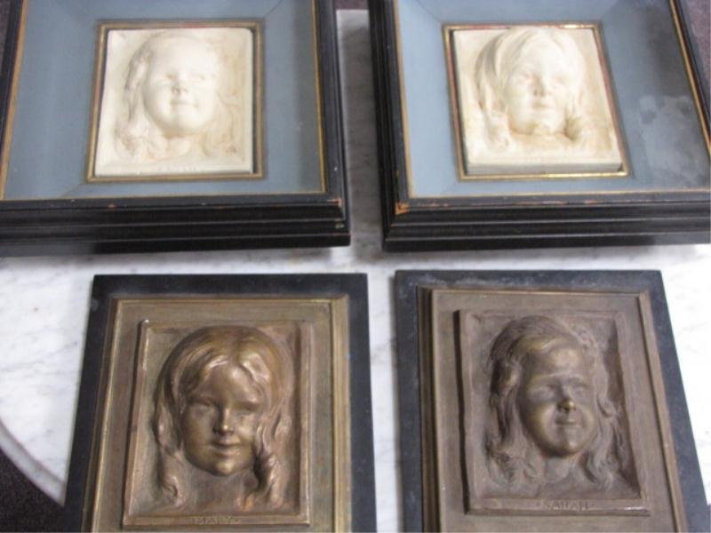 Pair of Bronze Plaques Mounted on Marble, "Sarah": Pair of Bronze Plaques Mounted on Marble, "Sarah" & "Mary", w/ Original Plaster Casts in Shadow Boxes, 11" x 11" x 4" Deep Frame