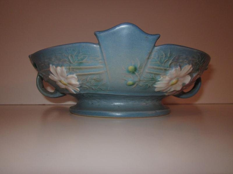 Bowl, Cosmos, Blue, White & Pink Flowers, Double Ha: Bowl, Cosmos, Blue, White & Pink Flowers, Double Handle, Roseville, (No USA on Bottom), Minor Flake on Rim of Bowl, 370-8"
