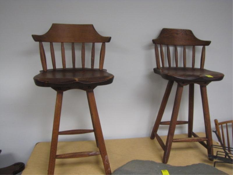 (2) Oak & Pine Bar Stools, Hunt Country Furniture,: (2) Oak & Pine Bar Stools, Hunt Country Furniture, Wingsdale, NY, Approx. 24" Top of Seat w/ Scratches