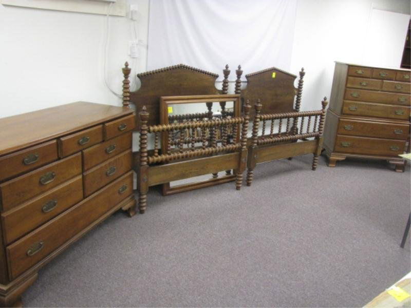 Cherry Bedroom Set, Statton Americana, (2) Spool T: Cherry Bedroom Set, Statton Americana, (2) Spool Turned Twin Beds, 5 Drawers Chest, End Table, 6 Drawer Chest w/ Mirror, Beds Poor Shape, Other Pieces Minor Damage & Scratches