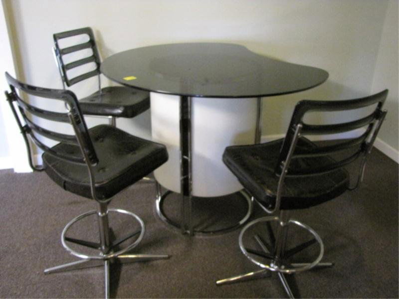 Chromcraft, (3) Chrome & Lucite Bar Stools, 40" to: Chromcraft, (3) Chrome & Lucite Bar Stools, 40" to Back Rail w/ Curved Glass Table, Approx. 36" Tall x 48" x 40" Glass