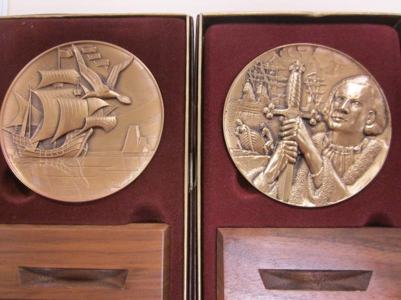 (2) Bronze Medallions, (1) Calendar - Christopher: (2) Bronze Medallions, (1) Calendar - Christopher Columbus,1992 (1) Calendar - Mariners Ship 1985, By Metallic Art Co. w/ Boxes