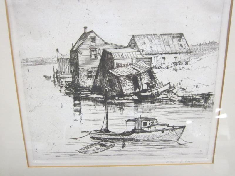 Robert Logan, Etching, Fish Houses, Port Clyde, Minor: Robert Logan, Etching, Fish Houses, Port Clyde, Minor Waves, 7 1/4" x 8 1/4"
