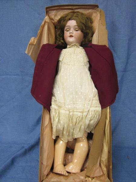 Bisque Doll, Head Cracked Very Bad, Original Box Poor: Bisque Doll, Head Cracked Very Bad, Original Box Poor Condition, Handweck BeBe Cosmopolite, 25"
