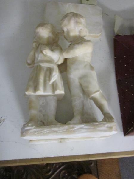 Marble Statue Boy & Girl, Back Repaired, Damaged, 17": Marble Statue Boy & Girl, Back Repaired, Damaged, 17" Tall