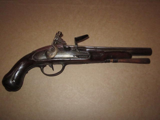 Flintlock Pistol, 12 3/4", No Marks, Stock Damaged: Flintlock Pistol, 12 3/4", No Marks, Stock Damaged